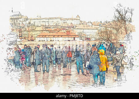 L'illustration. Groupe de touristes se tenir près de la Pont Charles et admirer la vue sur les bâtiments historiques. Banque D'Images
