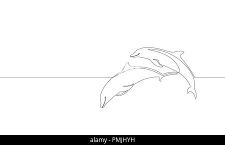 Seule ligne maritime art Dolphin swim jump silhouette. Nature Océan life environnement écologie concept. Big sea wave design un croquis silhouette vector illustration Illustration de Vecteur