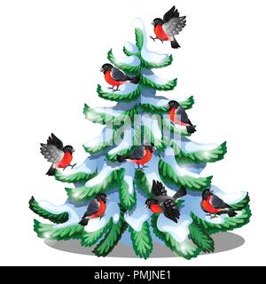 Joyeux bullfinches assis sur une épinette neigeux isolé sur fond blanc. Échantillon de Noël et Nouvel an carte de voeux, affiche de fête ou invitations de partie. Cartoon Vector illustration close-up. Illustration de Vecteur