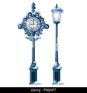 Rue enneigée Vintage horloge avec cadran orné et streetlight isolé sur fond blanc. Échantillon de Noël et Nouvel an carte de voeux, affiche de fête ou invitations de partie. Vector cartoon close-up. Illustration de Vecteur