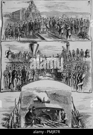 Gravures de la grande scène de mariage de fer, d'enfoncer le dernier crampon, Union européenne de l'Est et l'Ouest, et le premier coup de sifflet du cheval de fer, du livre 'Le Pacific tourist', 1877. Avec la permission de Internet Archive. () Banque D'Images