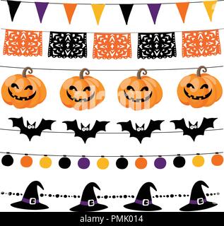 Jeu d'Halloween ou Dia de los Muertos, le jour de la Dea de guirlandes de lumières, banderoles drapeaux, citrouilles et chauves-souris. Jardin décorations de fête. Les objets vectoriels isolés. Illustration de Vecteur