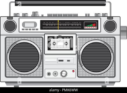 Illustration d'un style rétro vintage retro radio portable lecteur enregistreur cassette vue de l'avant sur un fond blanc. Illustration de Vecteur