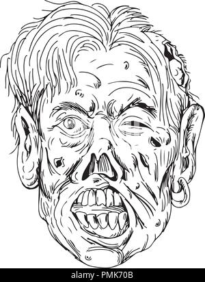 Style croquis dessin illustration d'une tête de zombie, un personnage mort-vivants avec les yeux et la bouche de roulement de mâcher de la vue de l'avant sur l'arrière-plan en isolé Illustration de Vecteur