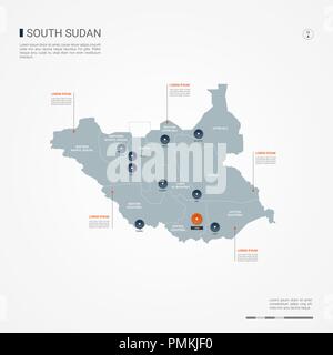 Carte du Soudan du Sud avec des frontières, des villes, des capitaux et des divisions administratives. Infographie carte vectorielle. Couches modifiables clairement étiquetés. Illustration de Vecteur