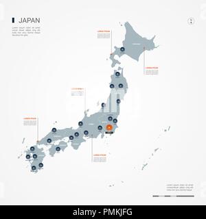 Carte du Japon avec des frontières, des villes, des capitaux et des divisions administratives. Infographie carte vectorielle. Couches modifiables clairement étiquetés. Illustration de Vecteur