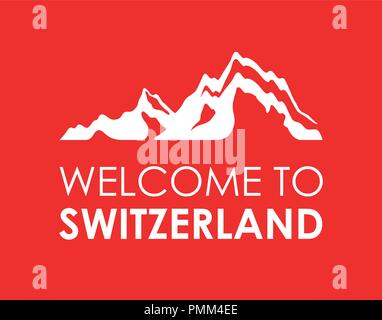 Bienvenue en Suisse - Vector Wallpaper avec Alpen montagnes sur fond rouge, EPS 10 Illustration de Vecteur