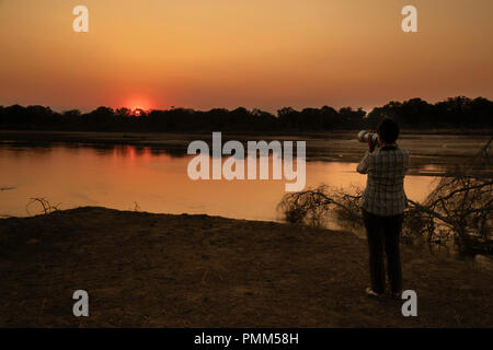 Coucher de soleil sur la Rivière Luangwa, South Luangwa, en Zambie Banque D'Images