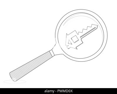 Chambre et clé avec loupe, House la chasse. illustration design graphique Banque D'Images