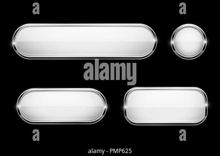 Les boutons en verre blanc avec cadre chrome sur fond noir. Icônes 3d Illustration de Vecteur