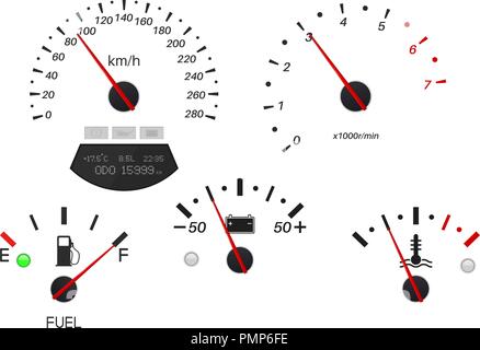 Tableau de bord de voiture. Jauge de carburant, compteur de vitesse, tachymètre, indicateur de température Illustration de Vecteur