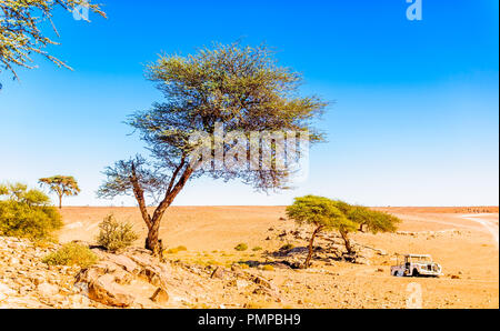 Vue sur abonded voiture dans le désert du Sahara à côté de M'HAMID - Maroc Banque D'Images