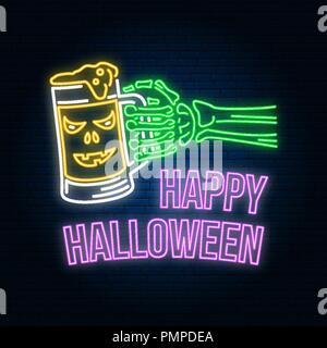 Happy Halloween néon ou de l'emblème. Vector illustration. Happy Halloween bannière avec lumière main squelette avec verre de bière magique. Publicité lumineuse la nuit. Modèle de néon pour banner, affiches, cartes Illustration de Vecteur