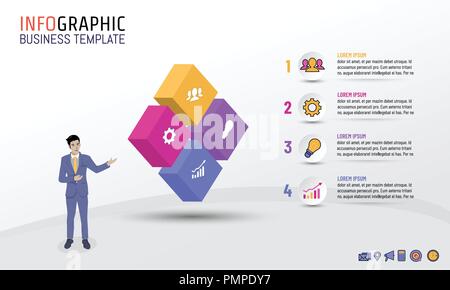 Business modèle infographique style du bloc avec 4 étapes, options, mise en page pour la conception d'illustration vectorielle, business plan, stratégie ou n'importe quel but. Illustration de Vecteur
