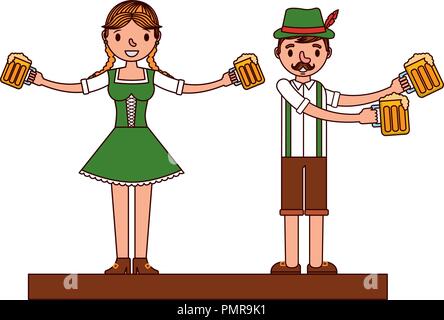 Couple allemand avec des costumes typiques et de bières Illustration de Vecteur