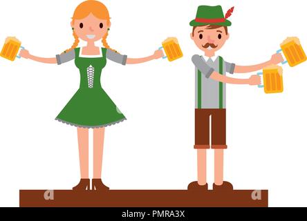 Couple allemand avec des costumes typiques et de bières Illustration de Vecteur