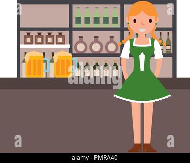 Femme avec robe typique allemande en bar Illustration de Vecteur