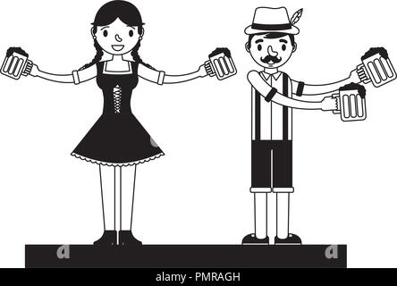 Couple allemand avec des costumes typiques et de bières Illustration de Vecteur