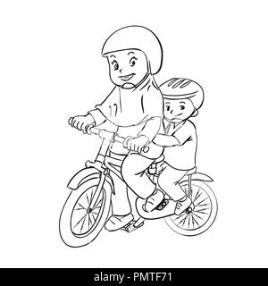 Les enfants sont cycliste Cartoon Illustration, fille et garçon sont circuler à bicyclette, faites à la main pour l'éducation, livre de coloriage - concept illustration vectorielle. Illustration de Vecteur