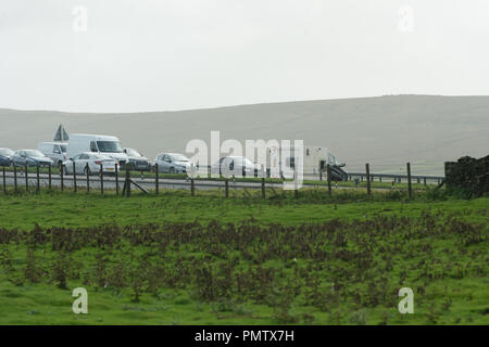 A66 Stainmore Cumbria, Mer 19 Septembre 2018 - Ali tempête provoquant une interruption de voyage. Une voiture et caravane a été soufflé sur le blocage de l'A66 nr Stainmore Cafe en Cumbria, WittWooPhoto Crédit/Alamy Live News Banque D'Images