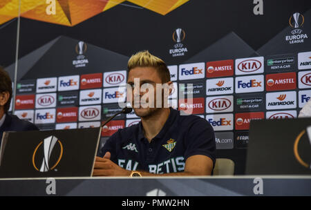 19 septembre 2018 - Athènes, Grèce, Grèce - Real Betis' Joaquin vu pendant la conférence de presse au stade Karaiskaki au Pirée, en Grèce, à la veille de l'UEFA Europa League premier match de jambe contre l'Olympiacos. (Crédit Image : © Dimitris Lampropoulos/SOPA des images à l'aide de Zuma sur le fil) Banque D'Images