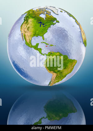 La Jamaïque en couleur rouge sur globe réfléchissant sur surface brillante. 3D illustration. Banque D'Images
