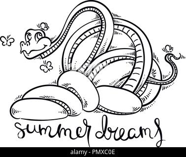 Rêves d'été. Drôle et sympathique serpent dessin animé avec des papillons. Cute vector illustration pour les enfants, d'impression, de conception, de cartes, de coloration. Illustration de Vecteur