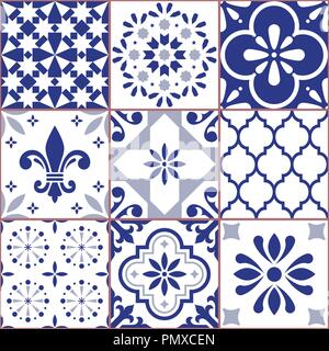 Vecteur portugais tile seamless pattern, Azluejo mosaïque carreaux bleu marine, résumé et conceptions florales. Fond textile ornementales Illustration de Vecteur