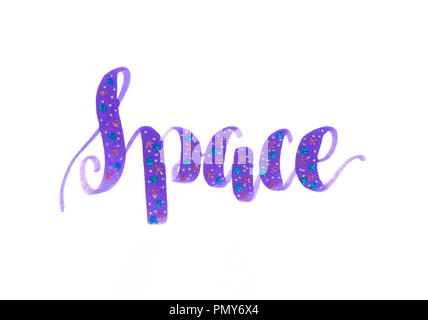 L'espace - galaxie inscription en mauve avec des étoiles métalliques lettrage main Banque D'Images