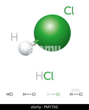 HCl. Chlorure d'hydrogène. Molécule modèle, formule chimique, ball-and-stick modèle, structure géométrique et formule de structure. L'halogénure d'hydrogène. Banque D'Images