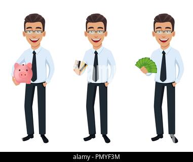 L'homme d'affaires, ensemble de trois poses. Cartoon character holding piggy bank, maintenant les cartes de crédit et de la détention de monnaie. Young handsome smiling businessman in Illustration de Vecteur