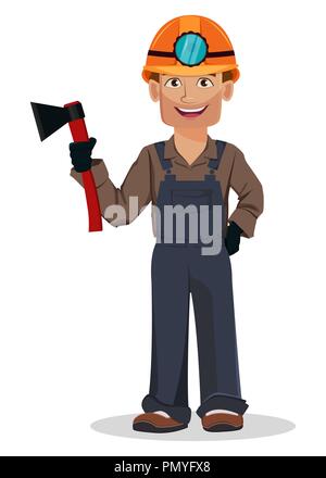 Miner l'homme, travailleur minier. Beau personnage holding ax. Vector illustration sur fond blanc Illustration de Vecteur