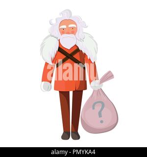 Père Noël élégant avec des sacs cadeaux. Secret Santa party concept. Vieil homme avec sac isolé sur fond blanc. Illustration de Vecteur