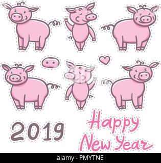 Jeu de cochons doodle mignon dessin au crayon. Autocollant Inscription Bonne Année. L'année 2019 signe chinois. Vector illustration isolé sur fond blanc. Illustration de Vecteur