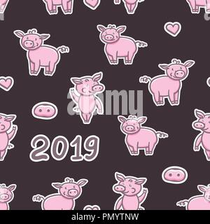 Doodle mignon porc dessin au crayon. Modèle sans couture Bonne Année. L'année 2019 signe chinois. Vector illustration isolé sur fond sombre. Illustration de Vecteur