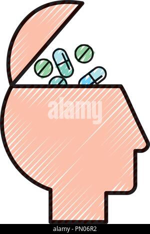 Tête humaine de profil rempli comprimés médicament Illustration de Vecteur