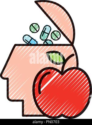 Tête de profil de santé des aliments Médicaments pilules rempli Illustration de Vecteur