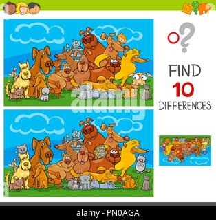 Cartoon Illustration de trouver dix Différences entre images jeu éducatif pour les enfants ayant des caractères des animaux Chats et chiens Illustration de Vecteur