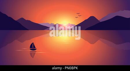 Lonely voilier sur une mer calme avec une belle vue sur la montagne au coucher du soleil coloré illustration vecteur EPS10 Illustration de Vecteur