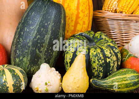 Motif de l'action de l'automne avec un panier plein d'épis de maïs et les différentes citrouilles coloré sur un fond de bois rustique Banque D'Images