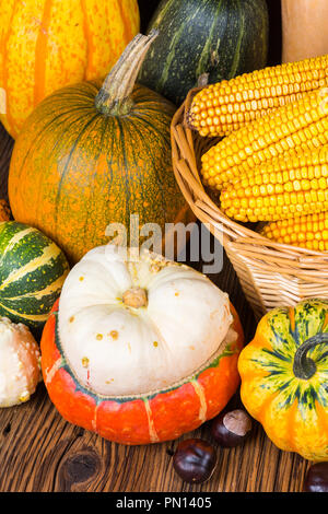 Motif de l'action de grâce avec divers citrouilles et châtaignes en face d'un panier avec des épis de maïs sur un fond de bois rustique Banque D'Images