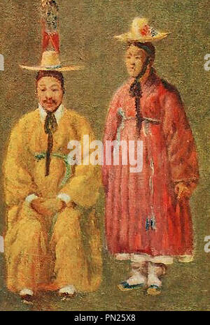 Corée - Une couleur 1910 portraits de deux des serviteurs de Emeror en costume national Banque D'Images