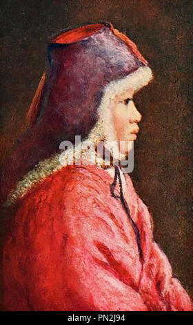 Corée - 1910 Un portrait couleur d'une jeune fille en costume national d'hiver typique Banque D'Images