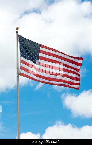 Brandissant le drapeau américain contre un ciel bleu Banque D'Images