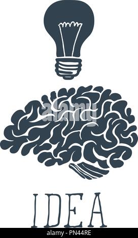 Cerveau dessiné à la main avec idée de lettrage et de l'ampoule. Vector Illustration de Vecteur