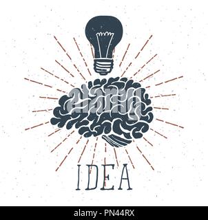 Cerveau dessiné à la main avec idée de lettrage et de l'ampoule. Vector Illustration de Vecteur