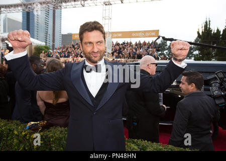 L'acteur Gerard Butler assiste à la 73e assemblée annuelle Golden Globe Awards au Beverly Hilton de Los Angeles, CA le dimanche, Janvier 10, 2016. Banque D'Images