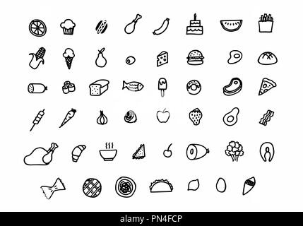 Un ensemble d'icônes alimentaire style Freehand. Contours noirs sur fond blanc. Illustration de Vecteur