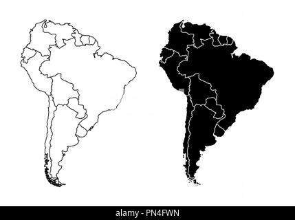 Cartes de la simplification de l'Amérique du Sud avec les pays frontières. Le noir et blanc donne un aperçu. Illustration de Vecteur