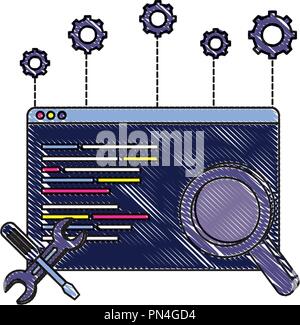 Site Web Programme code râpé et loupe avec des équipements Illustration de Vecteur